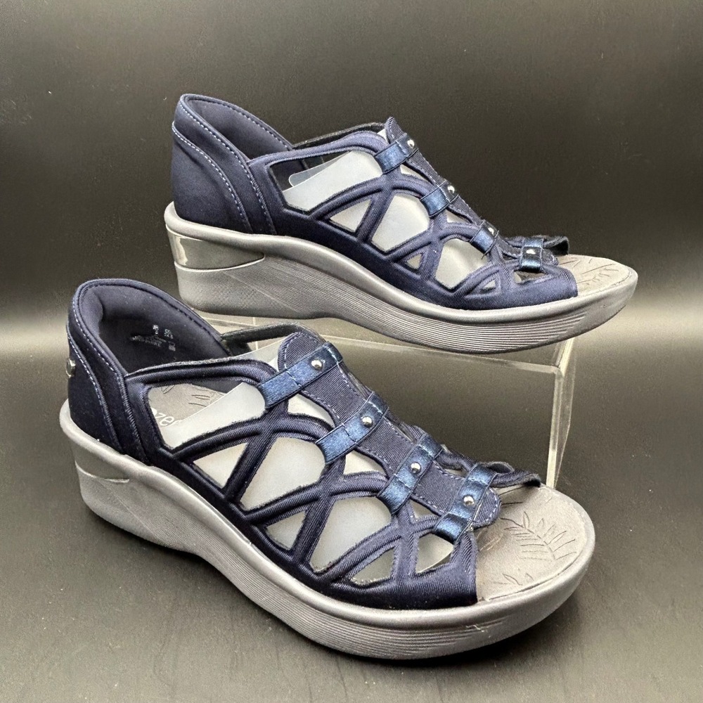 Bzees Sapphire Wedge Sandals Women 7.5 Navy Blue Cage Stretch Comfort Athleisure